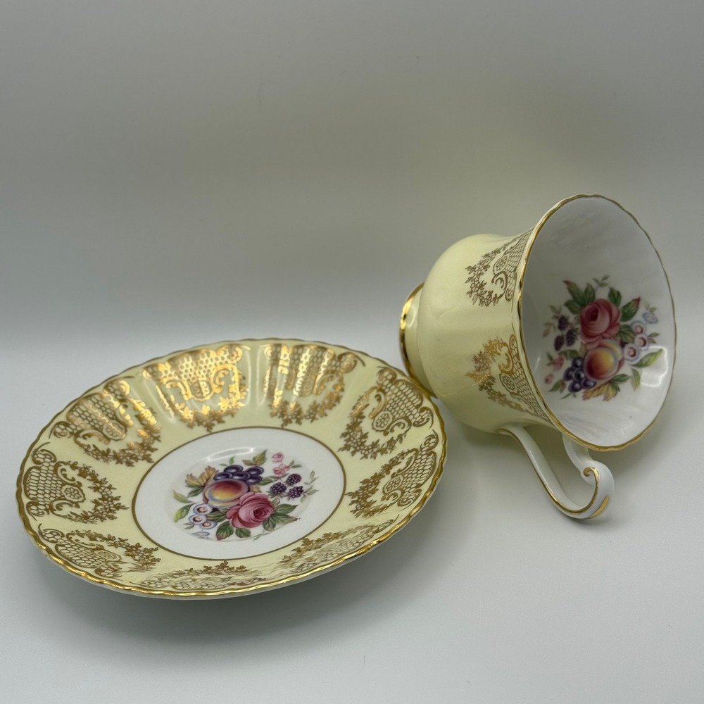 Paragon Yellow Gold Filigree Fruit Floral Teacup‎ and Saucer Set Fine Bone China